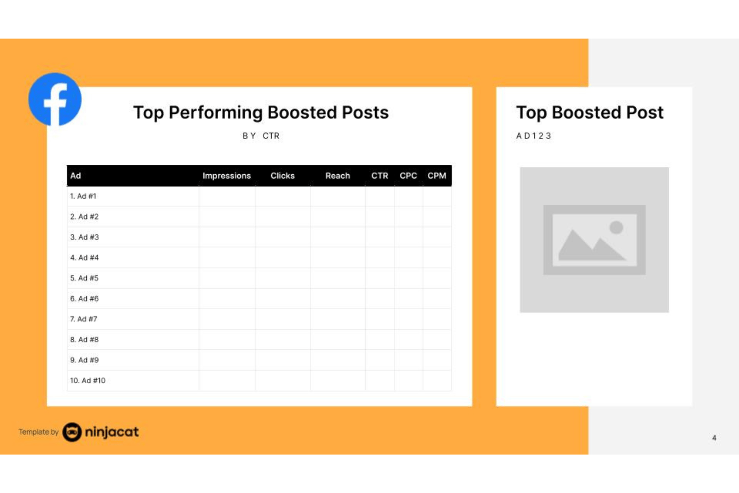 Facebook boosted posts report table with CTR, CPC, CPM columns and top post preview.