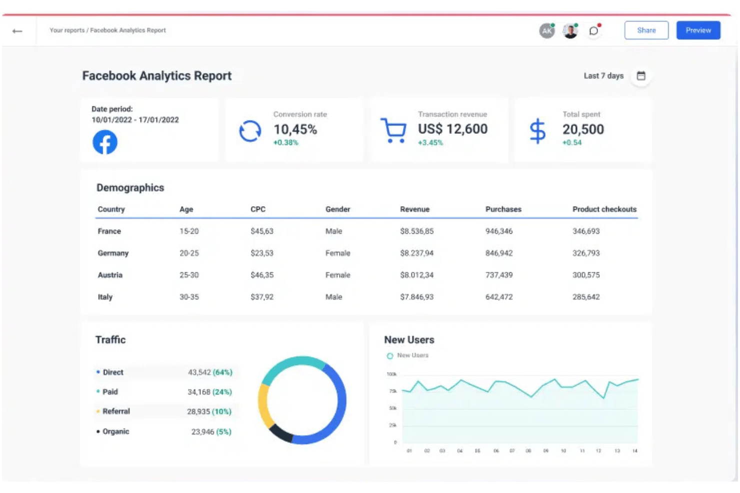 Facebook Analytics Report dashboard showing conversion rate, revenue, demographics, and traffic sources.
