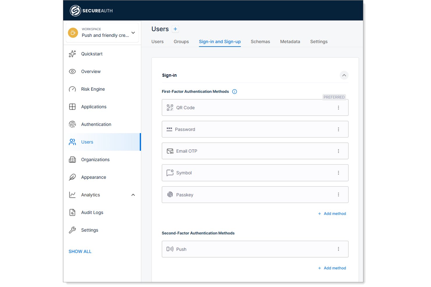 Panel de SecureAuth que muestra la configuración de los métodos de autenticación del primer y segundo factor.