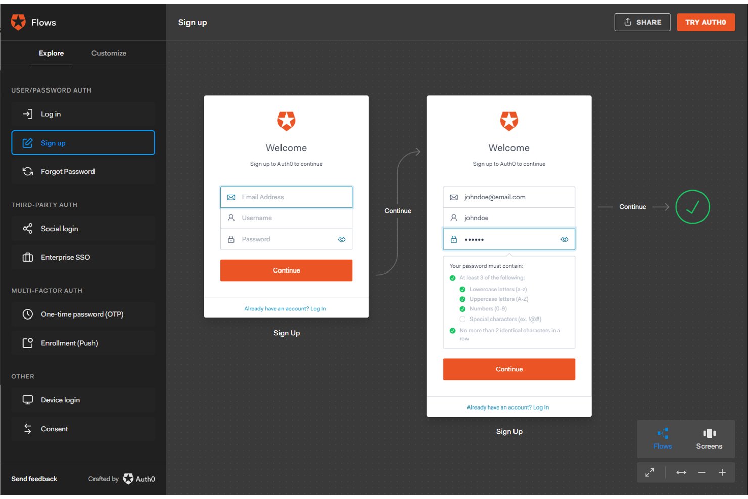 Flujo de registro de Auth0 que muestra un formulario de dos pasos con campos para correo electrónico, nombre de usuario y contraseña.