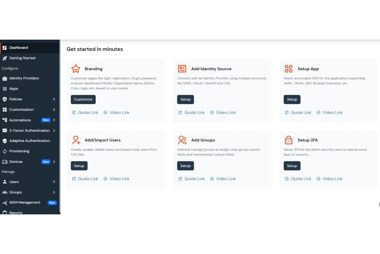 Panel de control de miniOrange que muestra tarjetas de configuración para la personalización de marca, el inicio de sesión único, la 2FA y la gestión de usuarios.