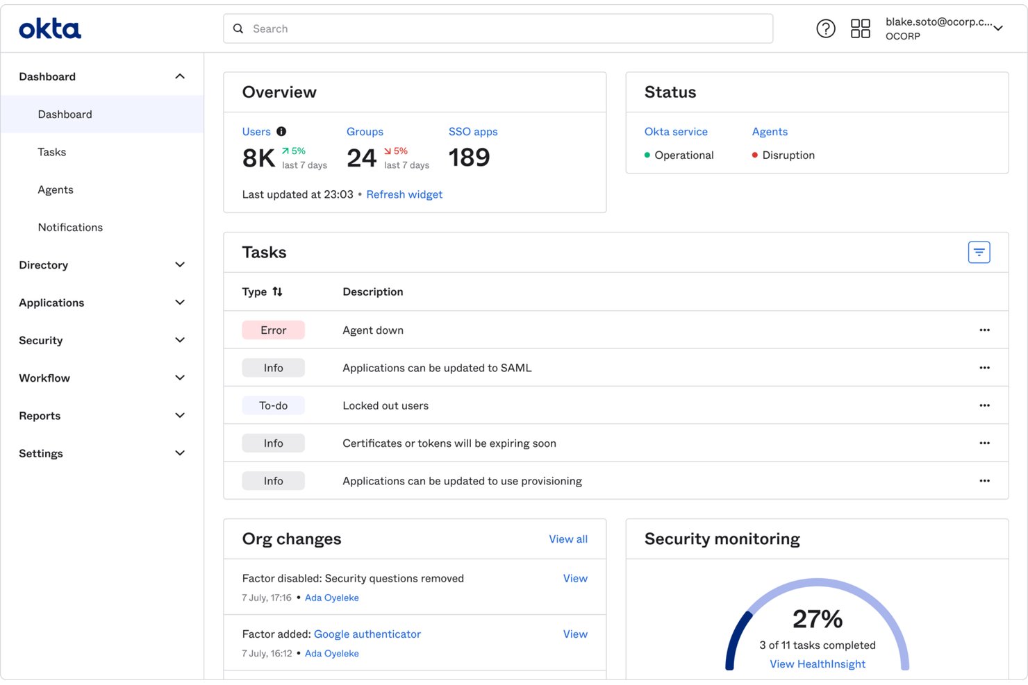 Panel de administración de Okta que muestra usuarios, grupos, aplicaciones SSO, tareas y supervisión de seguridad.