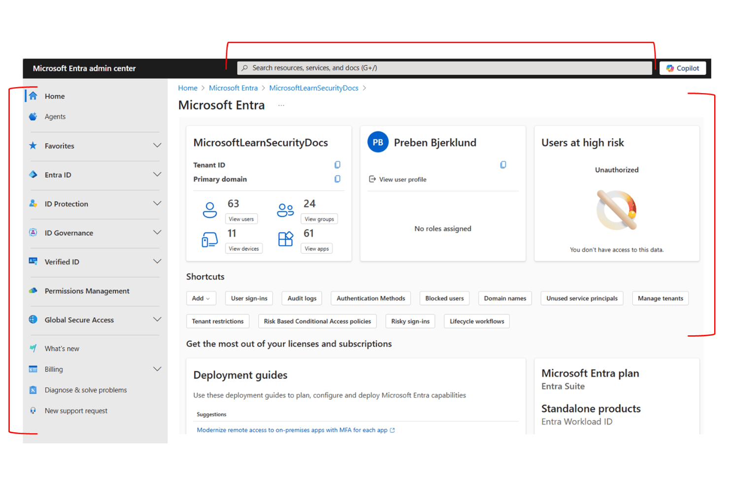 Panel del centro de administración de Microsoft Entra que muestra una vista general de usuarios, grupos, dispositivos y aplicaciones.