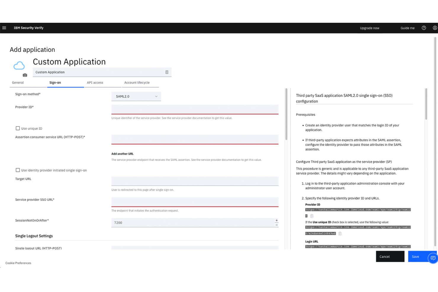 Formulario de configuración del inicio de sesión SAML 2.0 de una aplicación personalizada de IBM Security Verify, con campos de entrada.