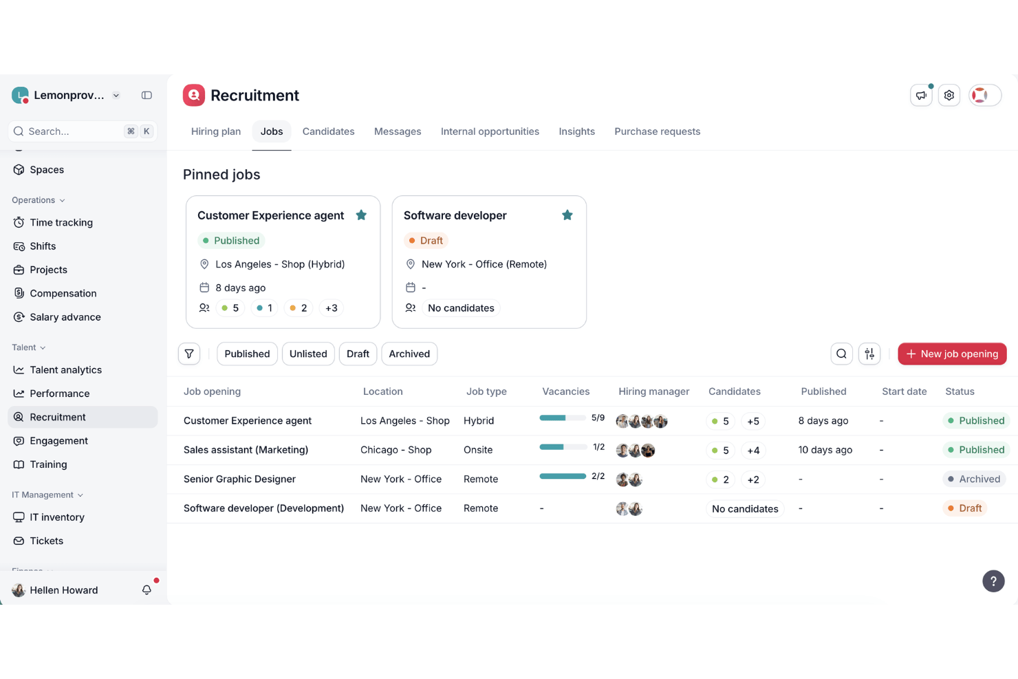 Dashboard di selezione di Factorial con posizioni fissate, elenco delle offerte di lavoro, posti vacanti e stati.