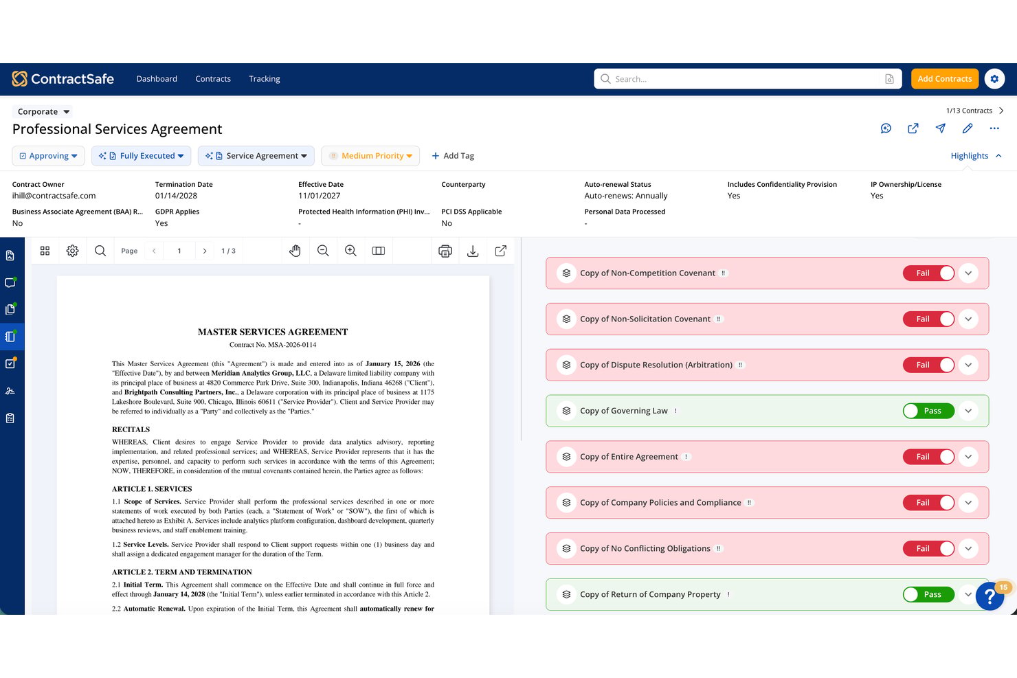 ContractSafe AI contract review panel showing Pass and Fail results for clauses.