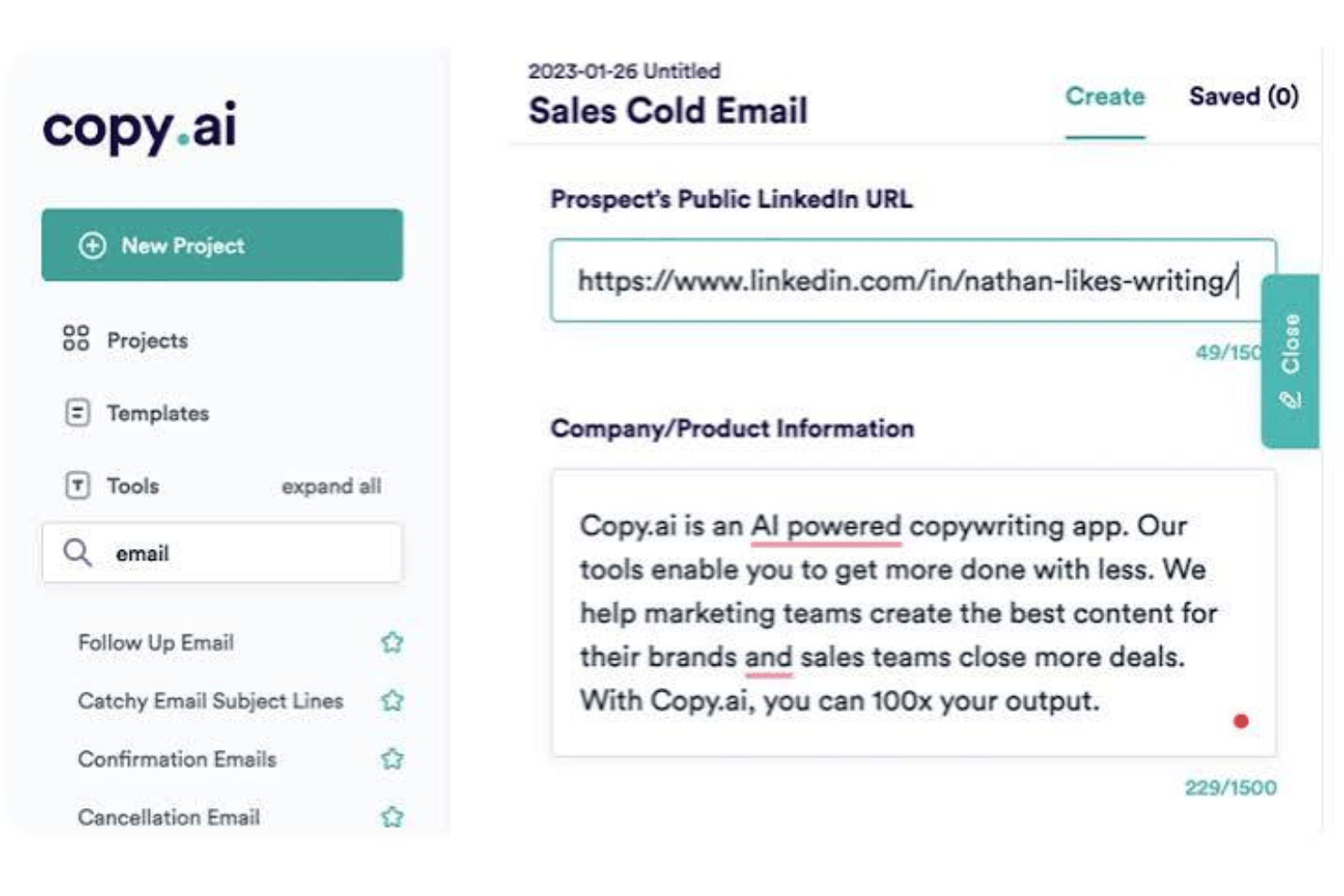 Copy.ai Sales Cold Email tool with LinkedIn URL and company info fields.
