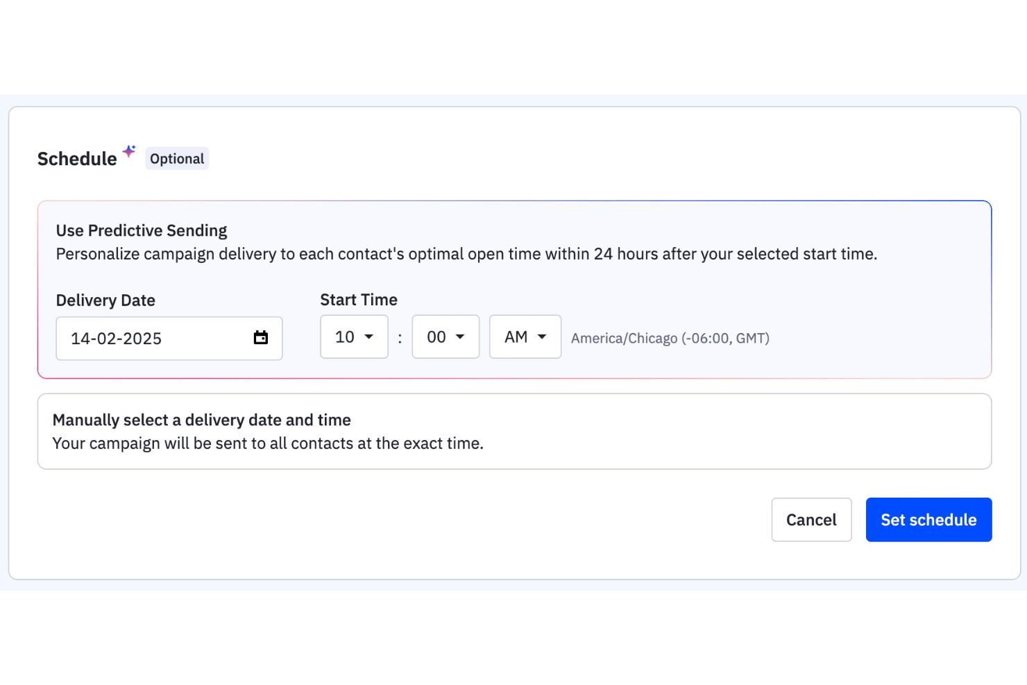 Schedule dialog with predictive sending option, delivery date, and start time fields.