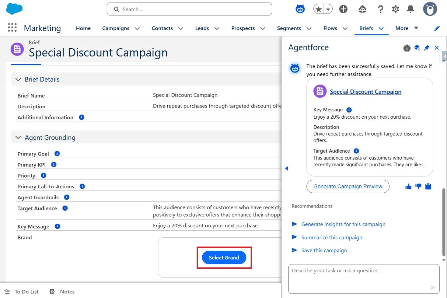 Salesforce Marketing brief page with Agentforce AI panel showing campaign details.
