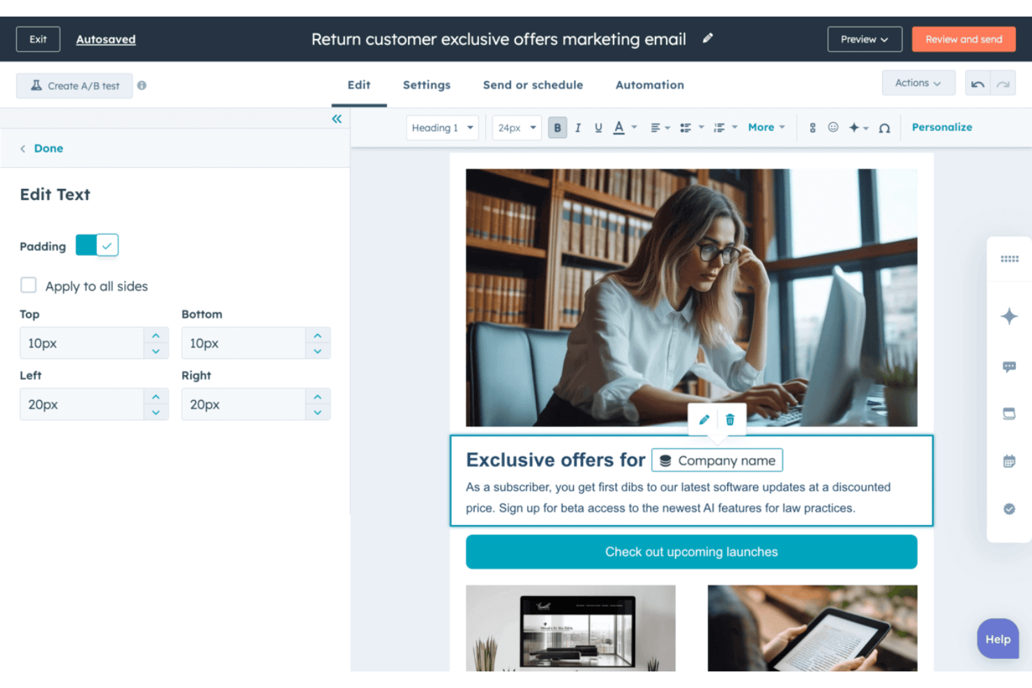 HubSpot email editor showing personalized text block with padding controls and dynamic company name token.