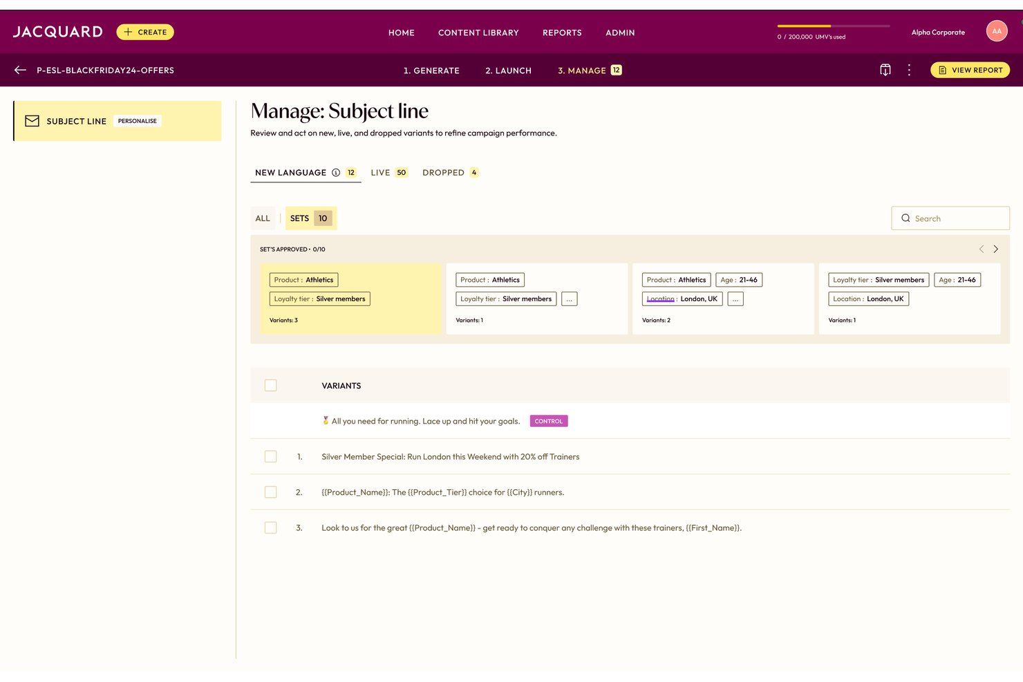 Jacquard dashboard showing personalised email subject line variants grouped by audience sets.