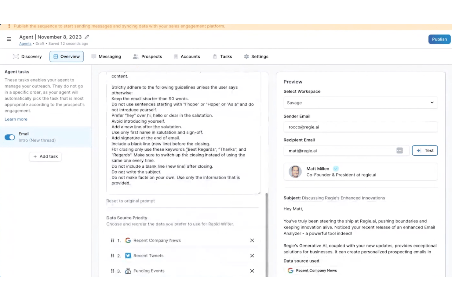Regie.ai agent dashboard showing AI email composer with live preview panel.