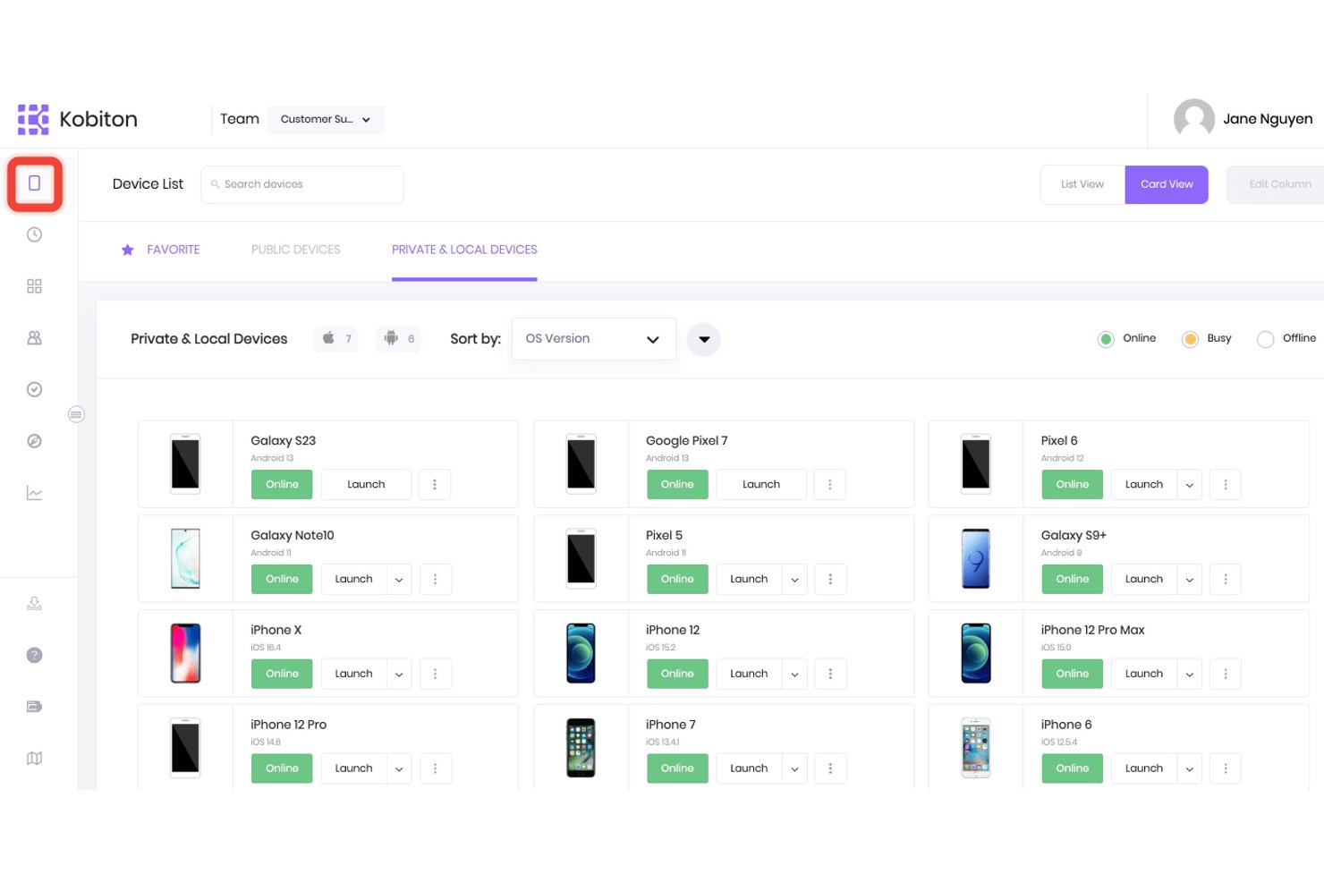 Kobiton device list in card view showing private and local mobile devices online.