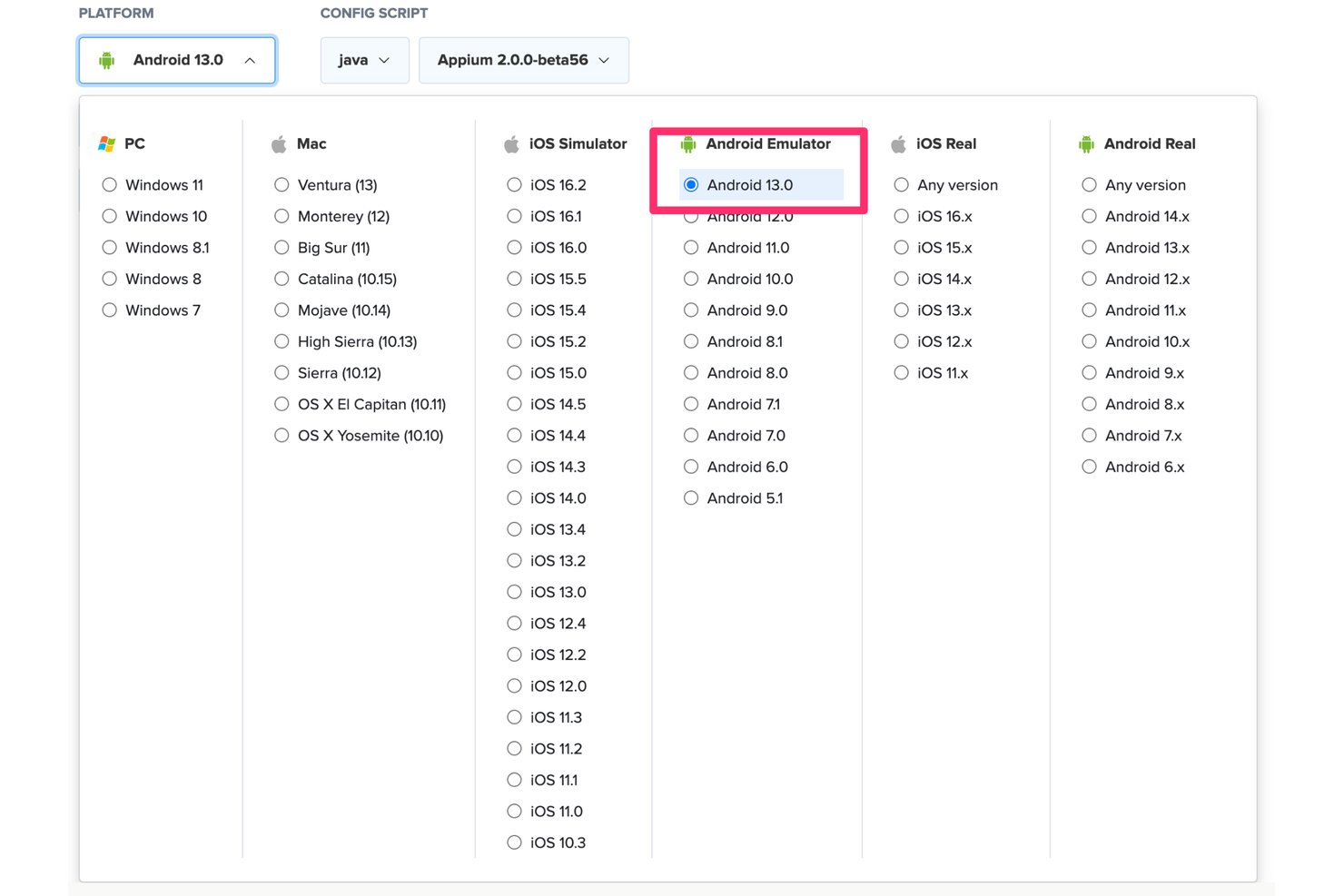 Sauce Labs platform selector showing Android 13.0 Emulator selected with Java and Appium config.