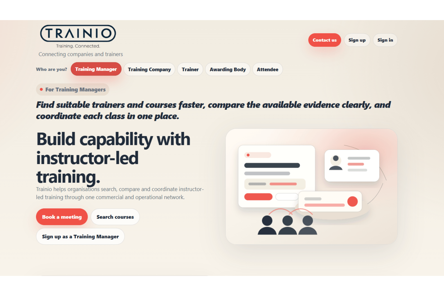 Trainio homepage for training managers showing course search and booking options.