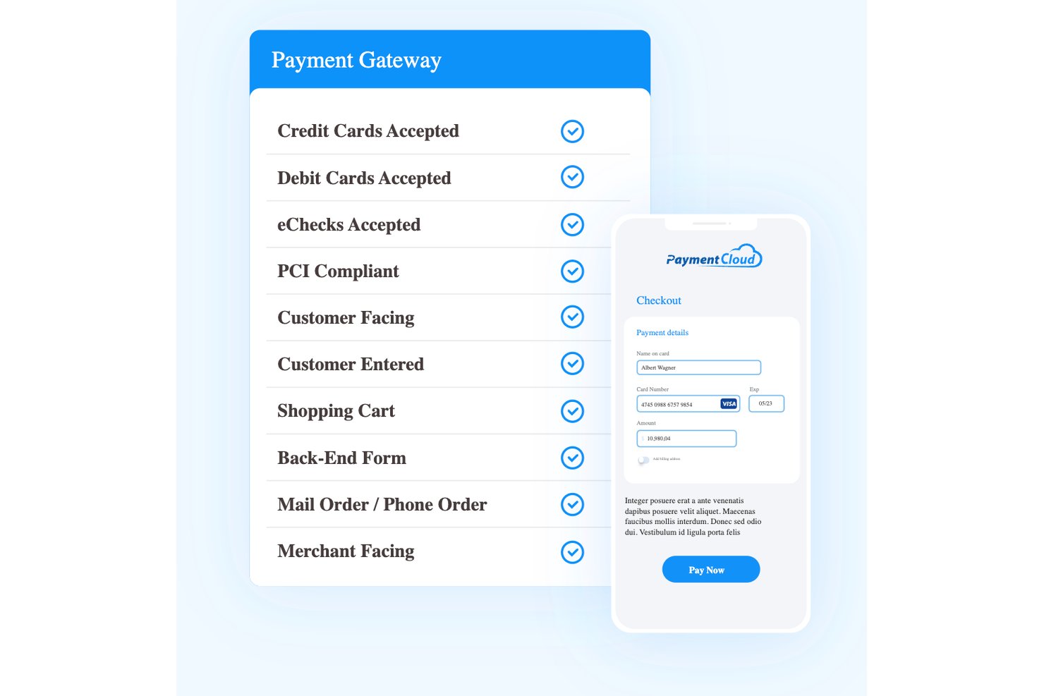 Captura de pantalla de la lista de funciones de la pasarela de pagos de PaymentCloud y del formulario de pago móvil.