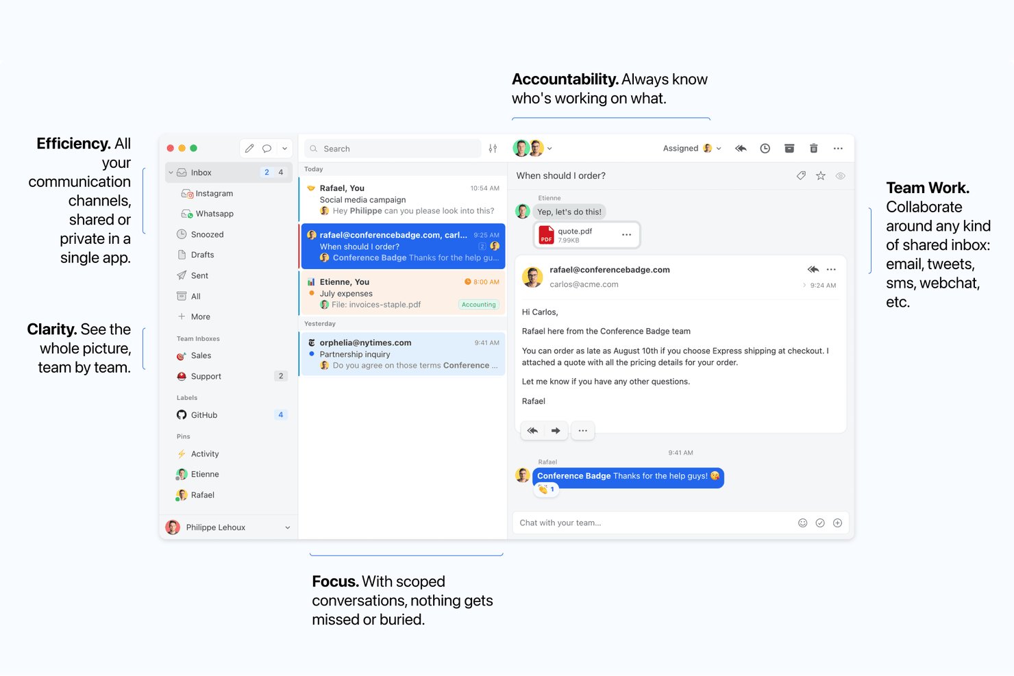 Interfaccia della casella di posta condivisa di Missive con thread email del team e barra laterale della chat interna.