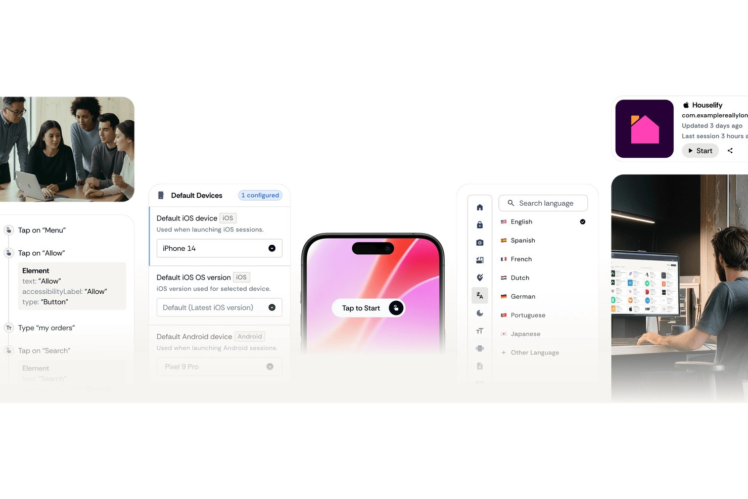 Appetize.io UI showing device configuration, language selection, and app session controls.