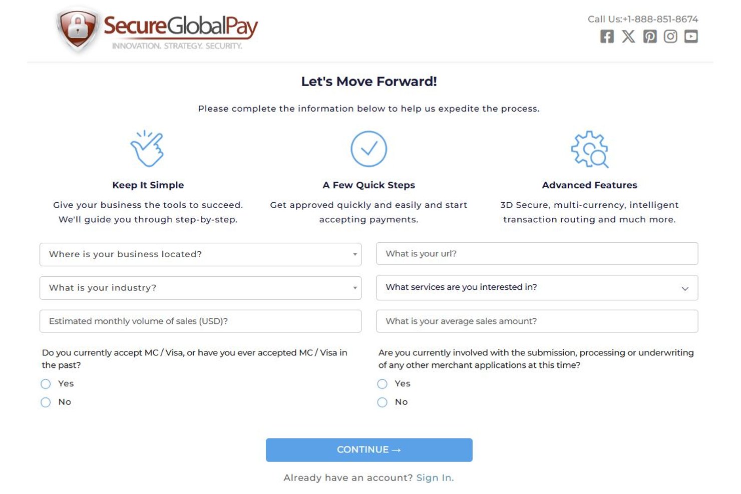 Formulario de solicitud comercial de SecureGlobalPay con campos empresariales y de pago.