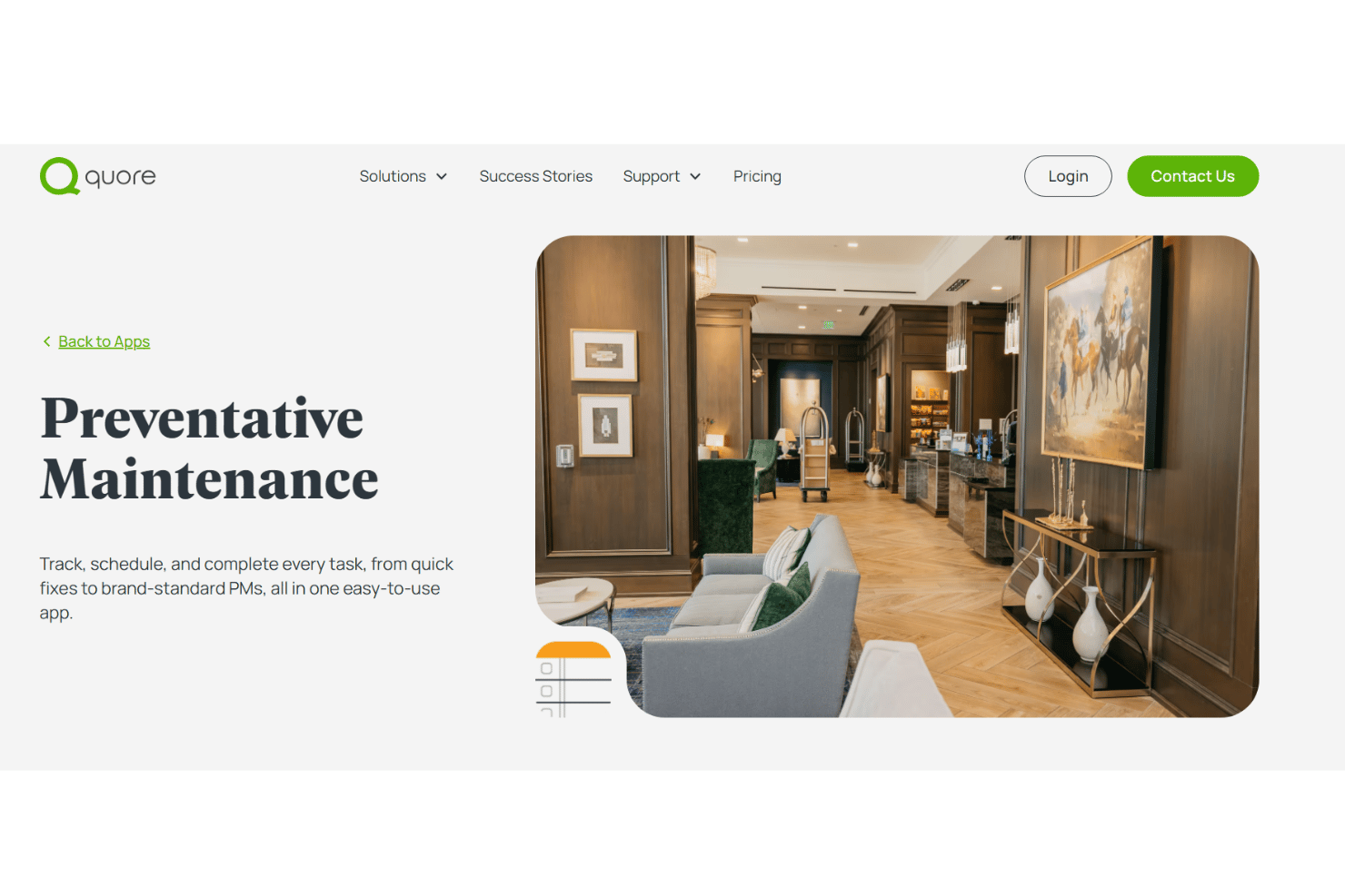 Quore manages hotel work orders, preventive maintenance, assets, inspections, and CapEx planning.