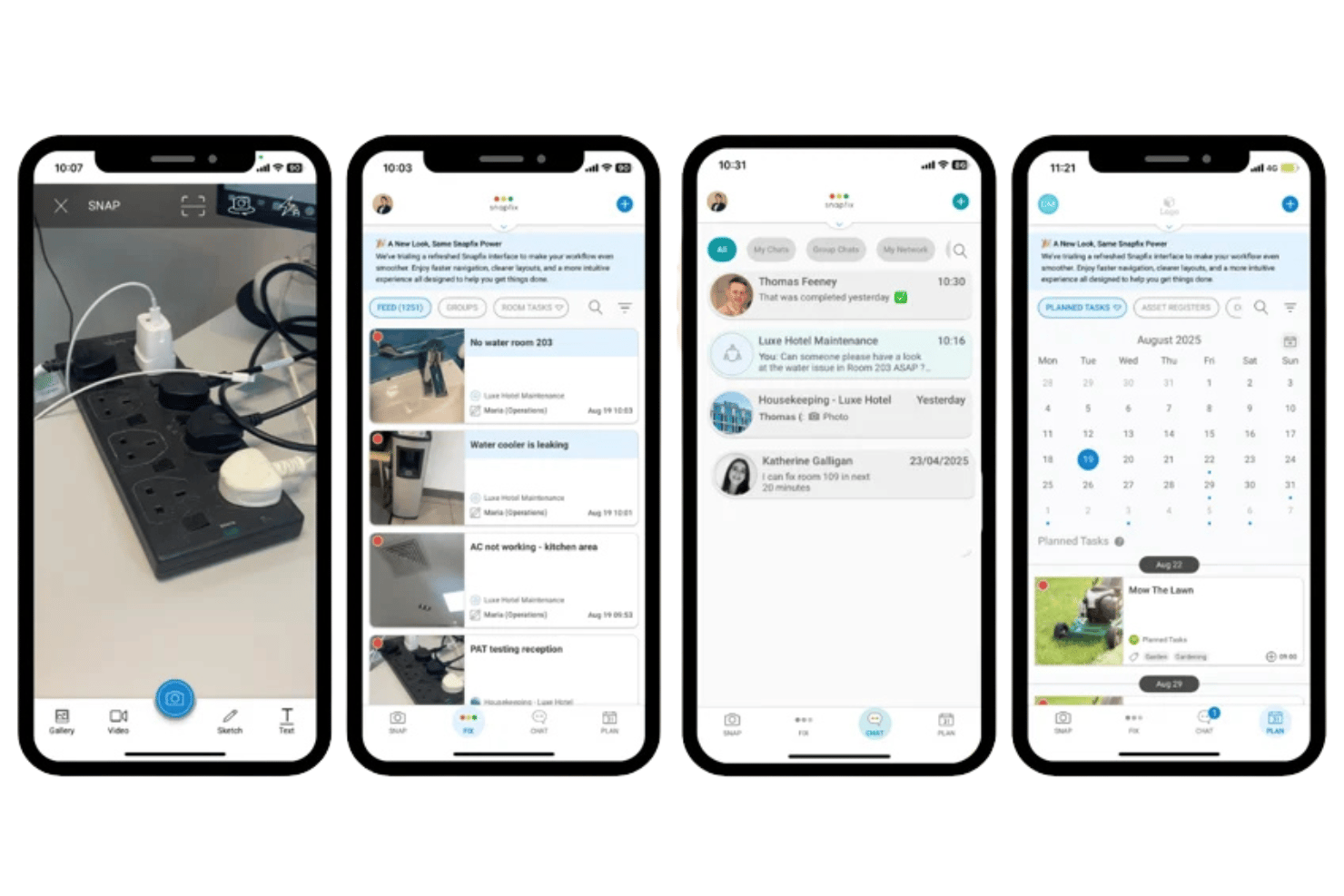 Snapfix lets hotel teams capture maintenance issues, assign repairs, chat, and plan tasks.