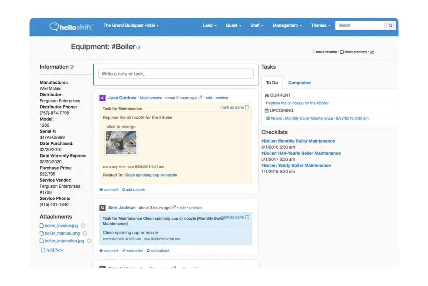 HelloShift tracks hotel work orders, preventive maintenance, and upkeep tasks.