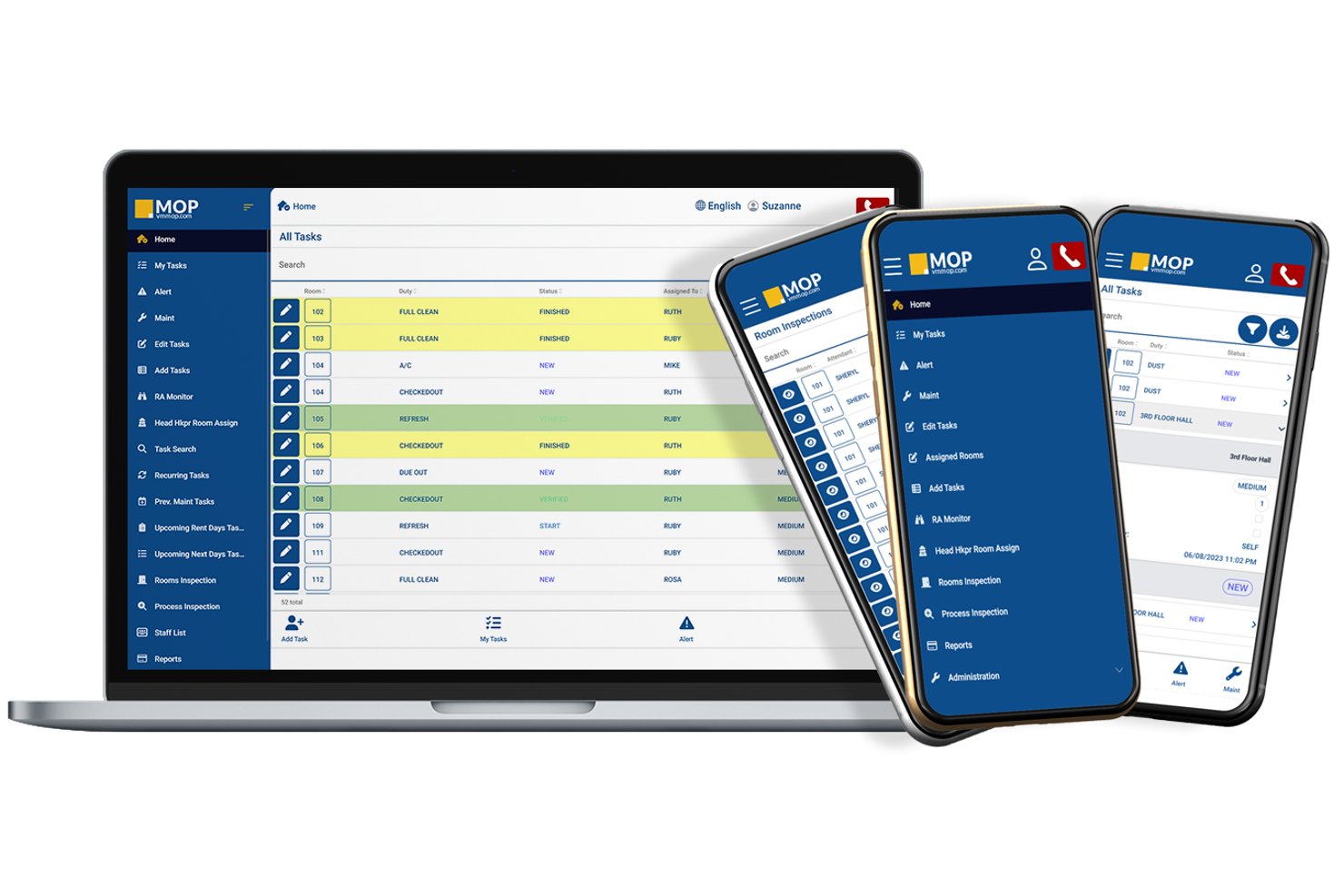 MOP by Visual Matrix dashboard showing room tasks on laptop and two mobile phones.