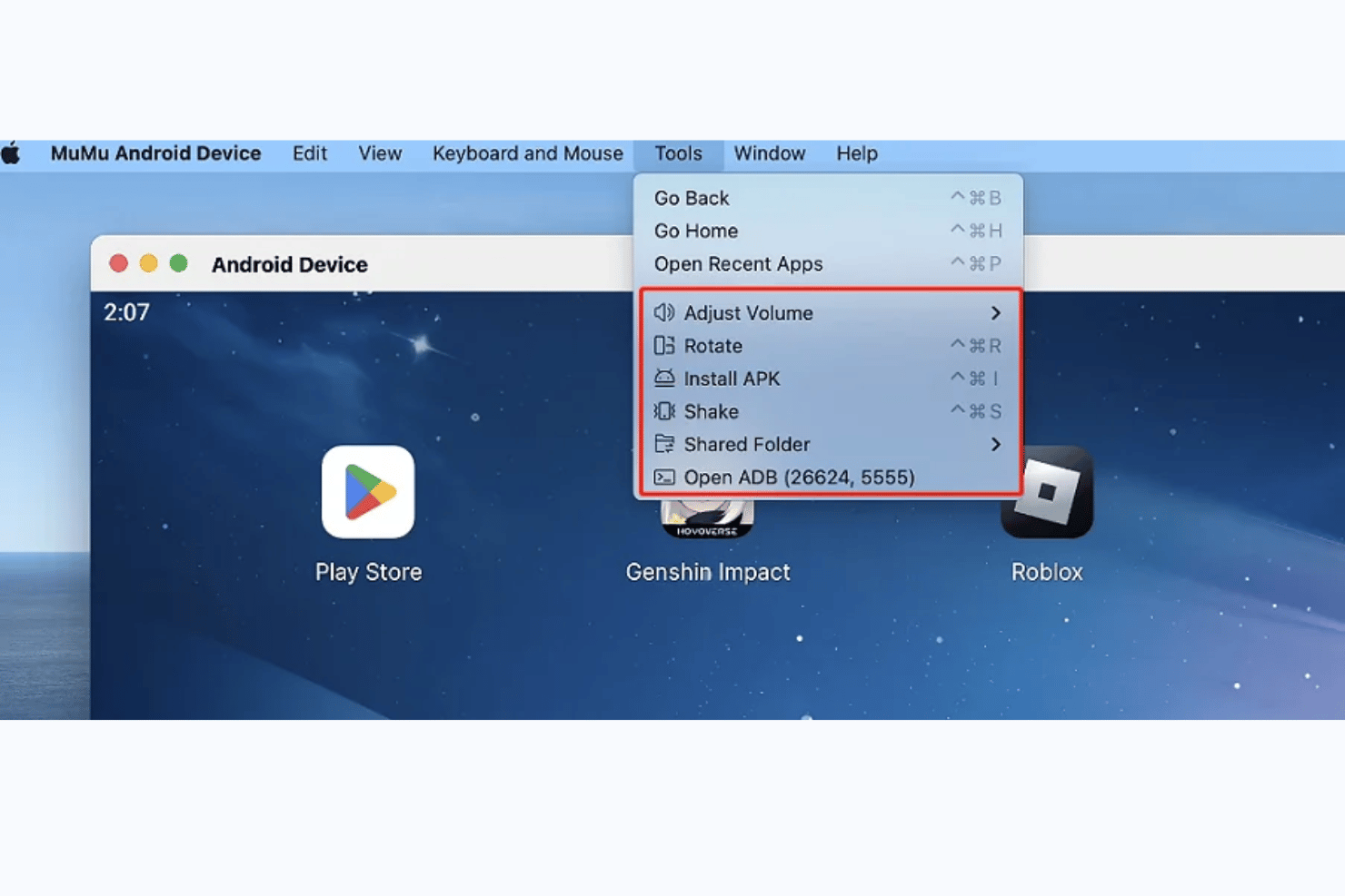 MuMuPlayer Mac Tools menu open showing ADB, Install APK, Rotate, and Shake options.