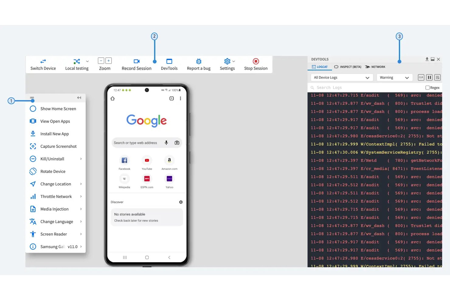 Firebase Test Lab Android emulator showing Google Chrome, device menu, and DevTools logcat panel.