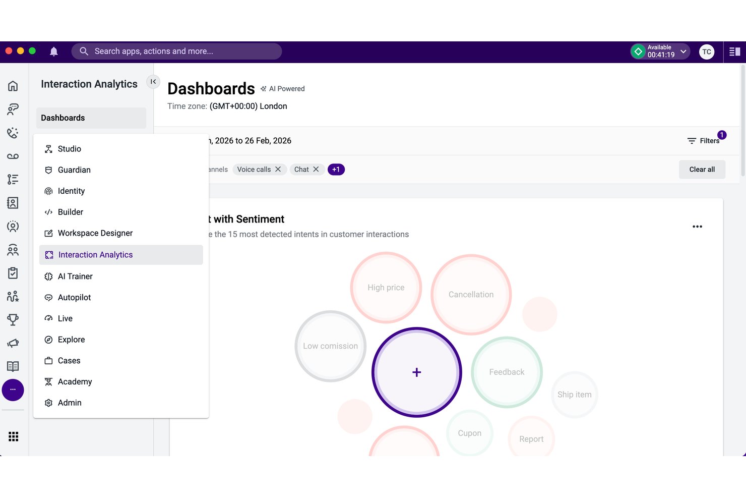 Tableau de bord Talkdesk affichant un graphique à bulles des intentions avec des libellés de sentiment et un menu de navigation.