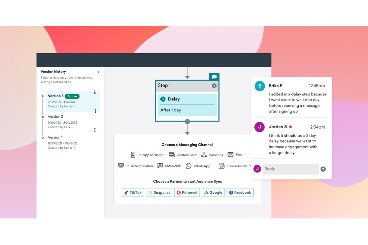 Canvas Braze affichant une étape de délai, un panneau d'historique des versions et des commentaires d'équipe dans la conversation.