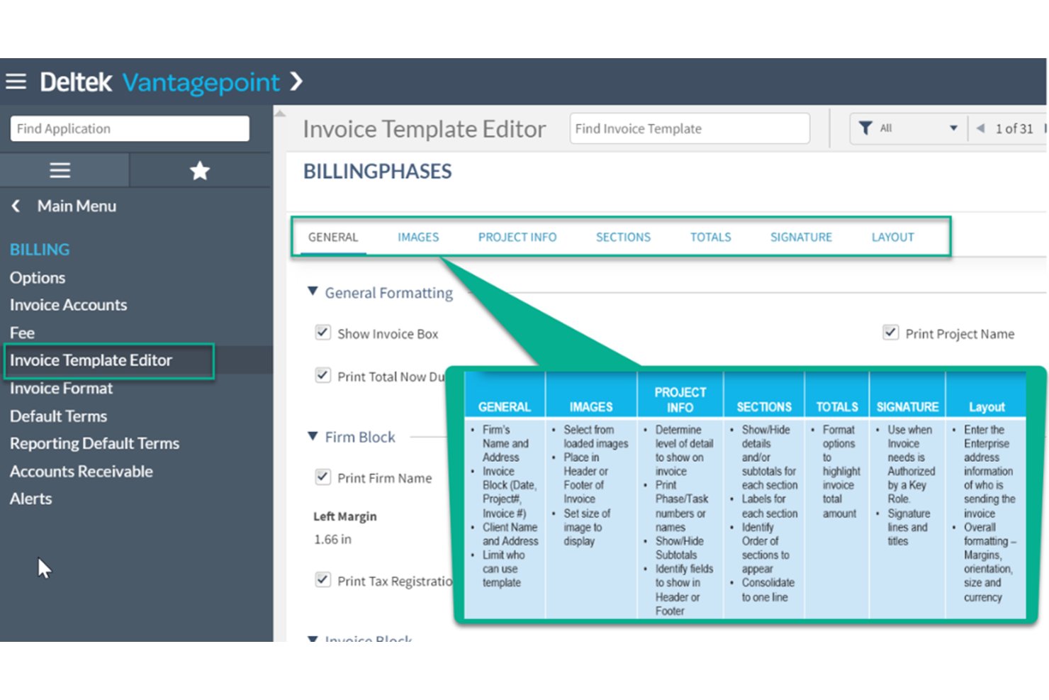 Deltek Vantagepoint Invoice Template Editor showing tabbed billing configuration options.