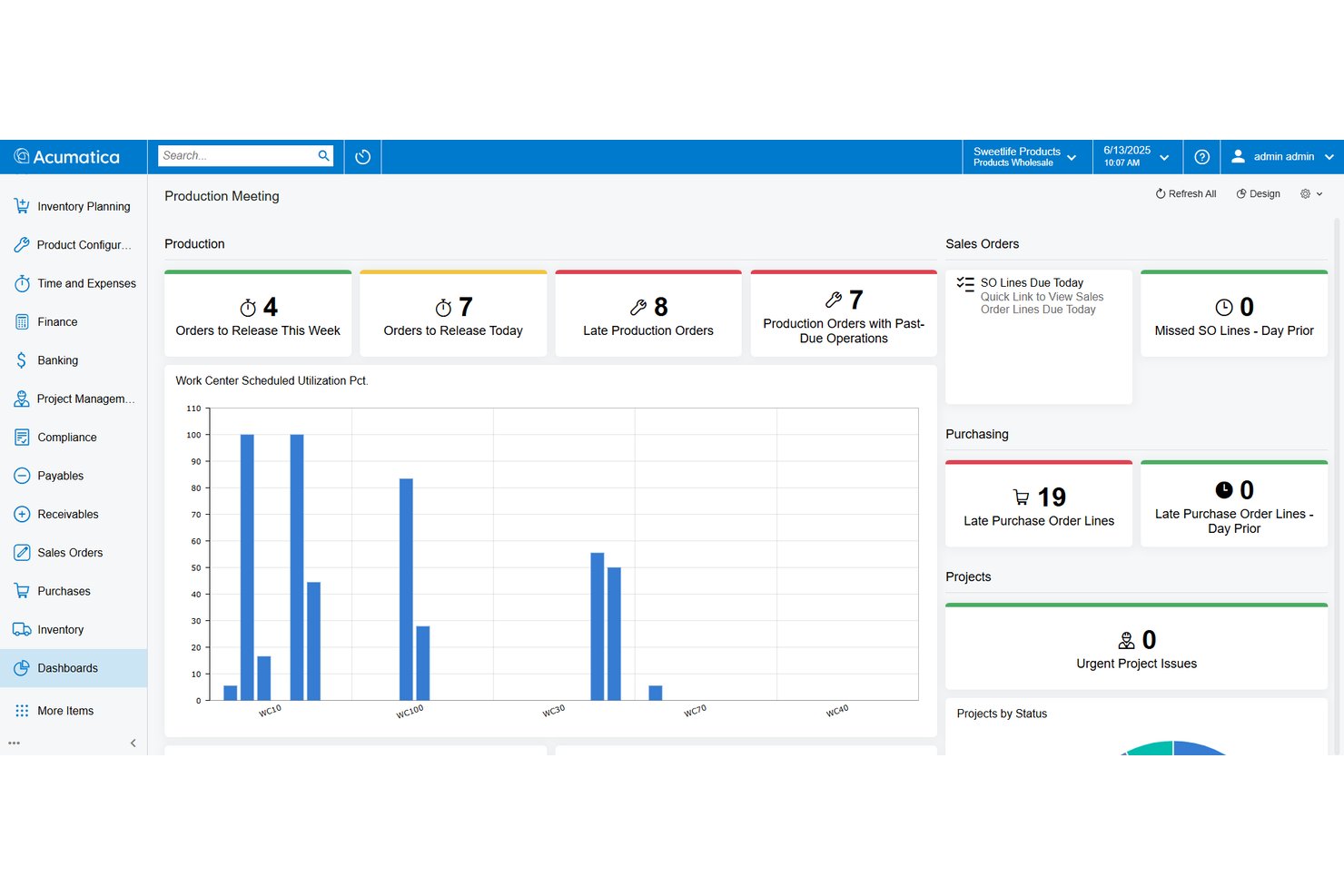 Acumatica Production Meeting dashboard with KPIs, bar chart, and sales order widgets.