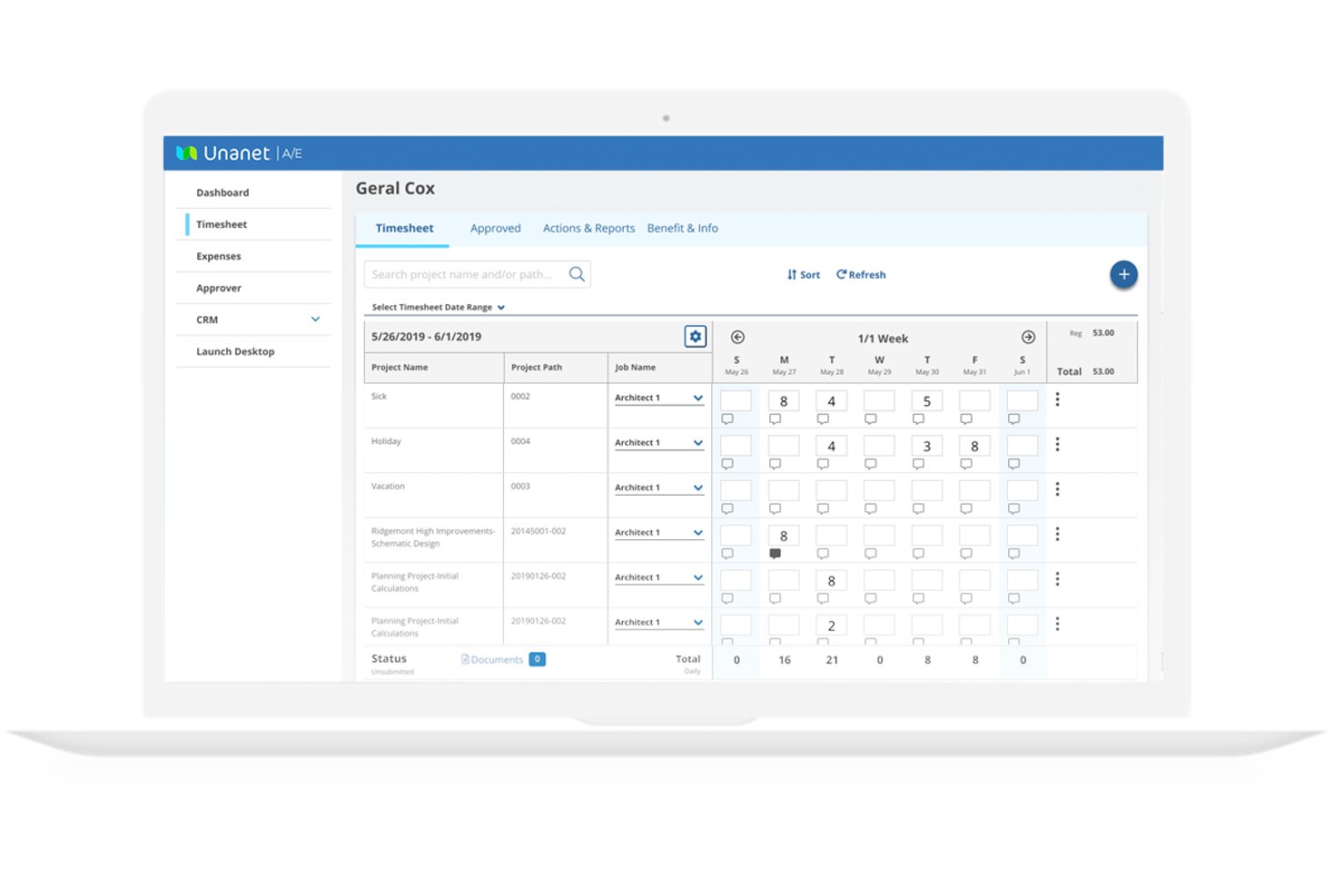 Unanet AE timesheet interface showing weekly hours logged across multiple projects.