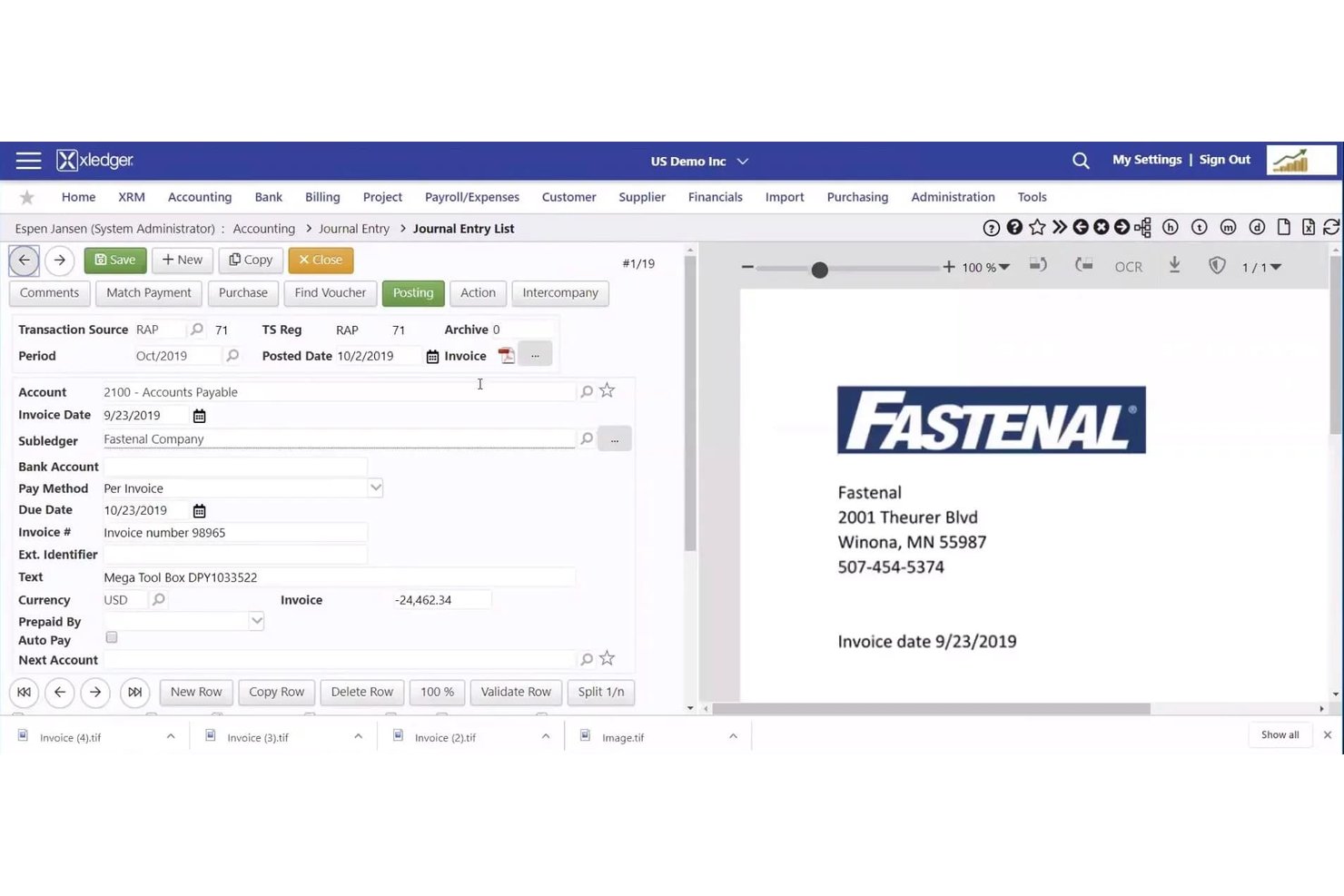 Xledger journal entry form showing Fastenal invoice with accounts payable details.