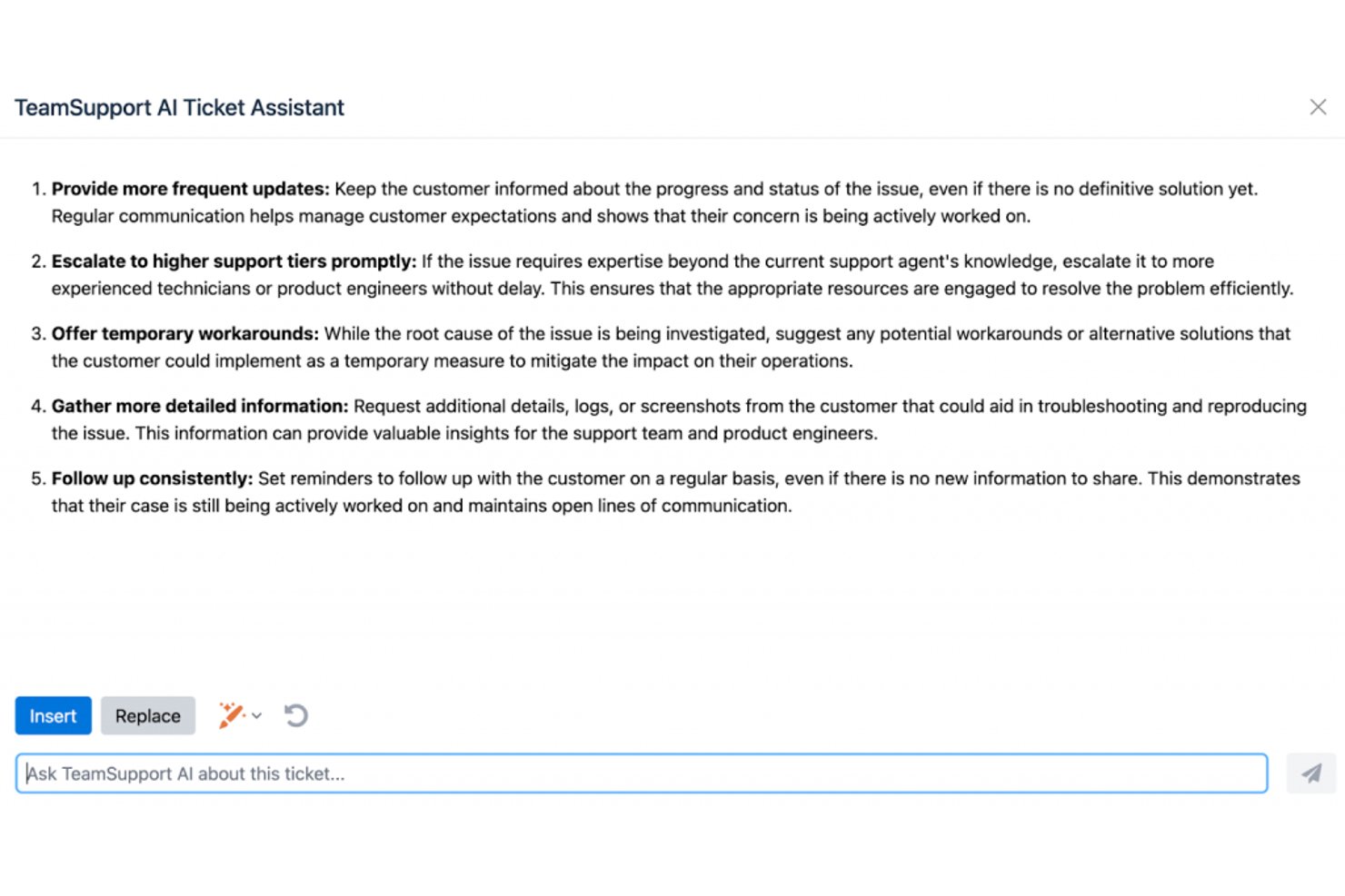 Pannello dell'assistente IA per i ticket di TeamSupport con cinque azioni di assistenza consigliate.