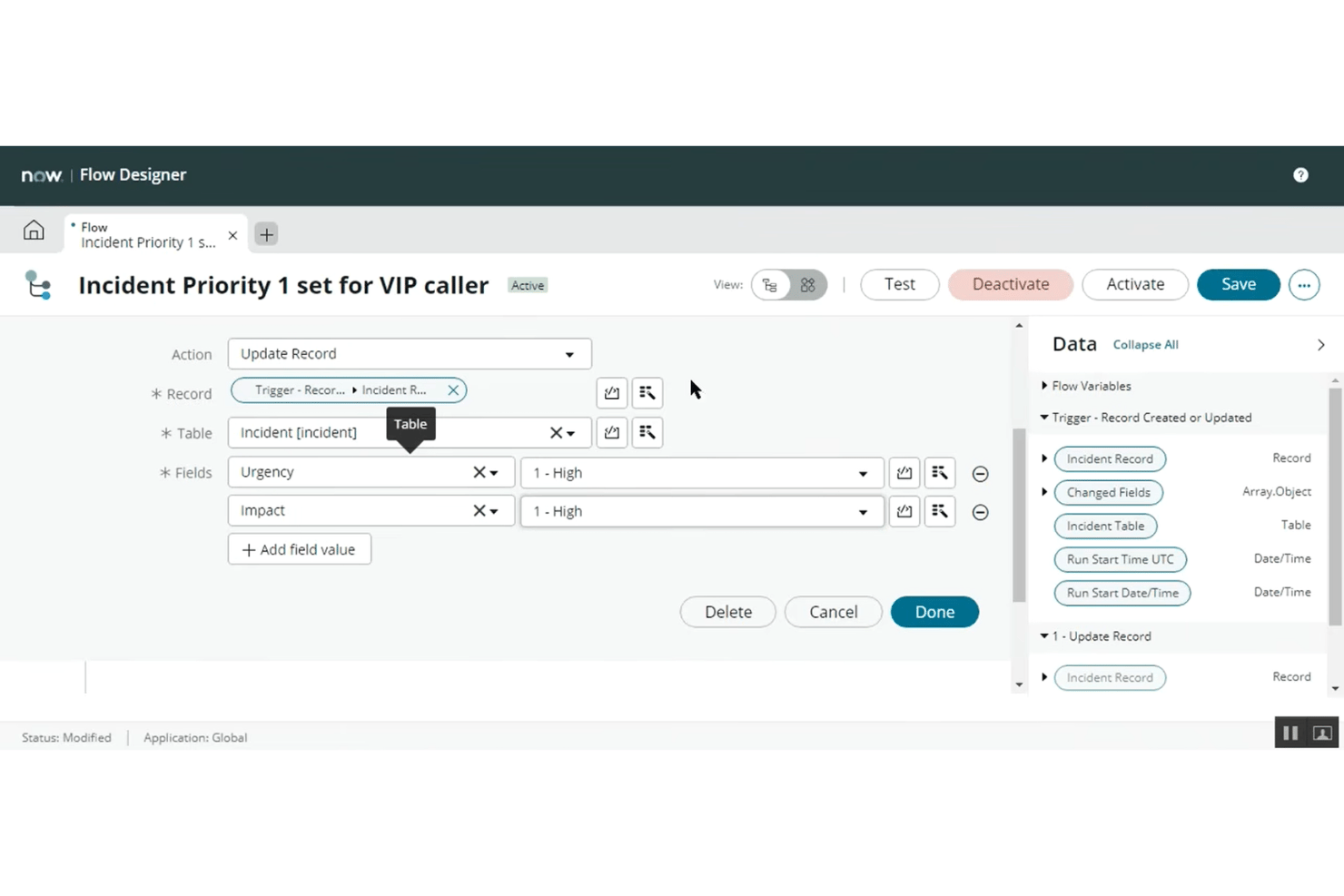 El Diseñador de flujos de ServiceNow muestra una acción de actualización de registro que establece la urgencia y el impacto en Alto para los incidentes.