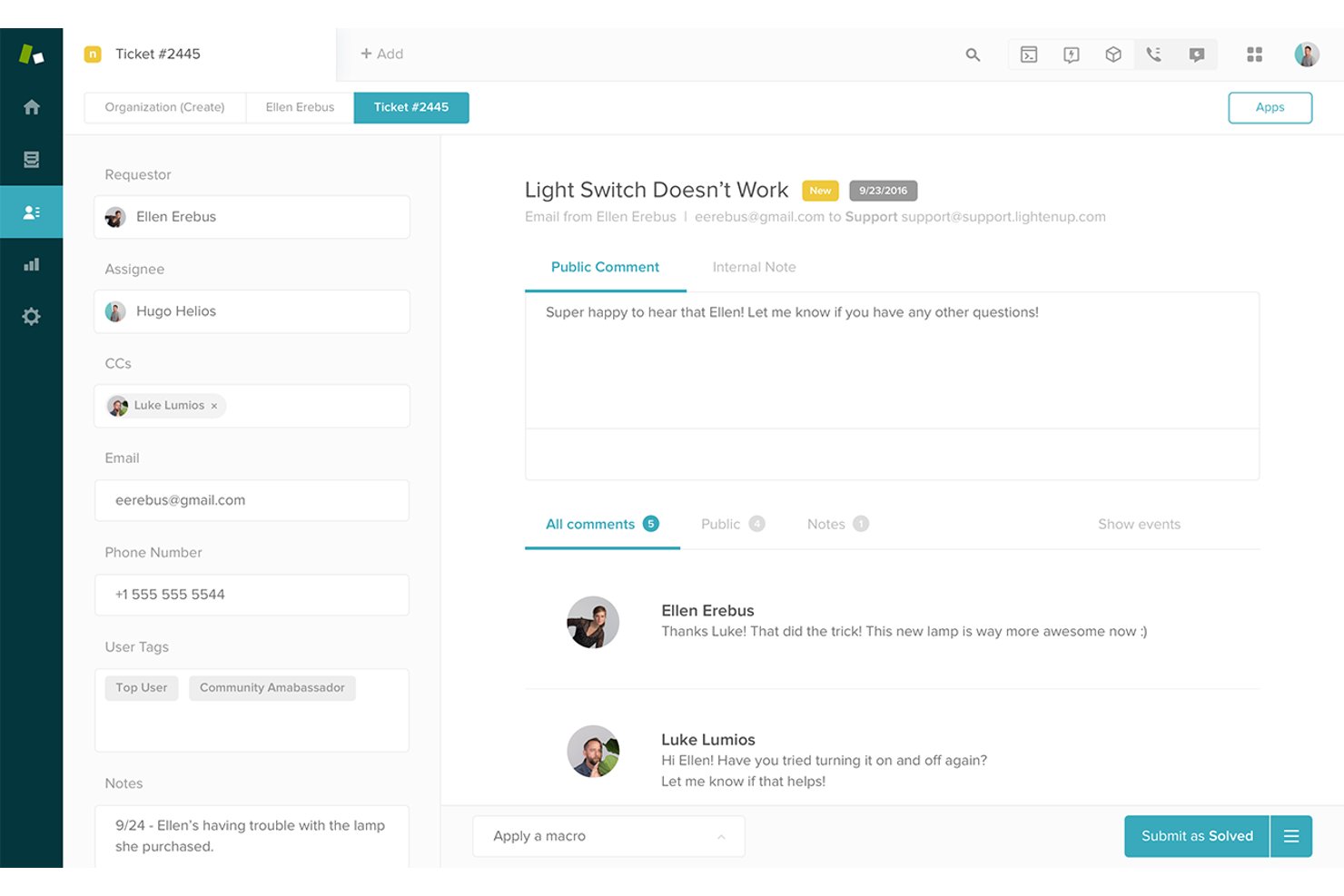 Vista del ticket di assistenza Zendesk che mostra la conversazione con il cliente e i dettagli dell'assegnatario.