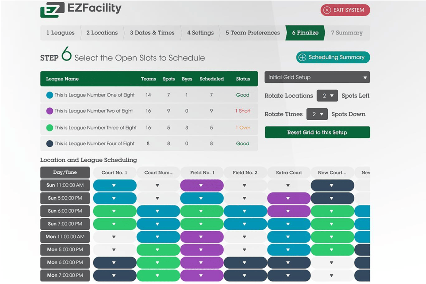 Griglia di programmazione del passaggio 6 di EZFacility, che assegna le leghe alle fasce orarie di campi e terreni di gioco.