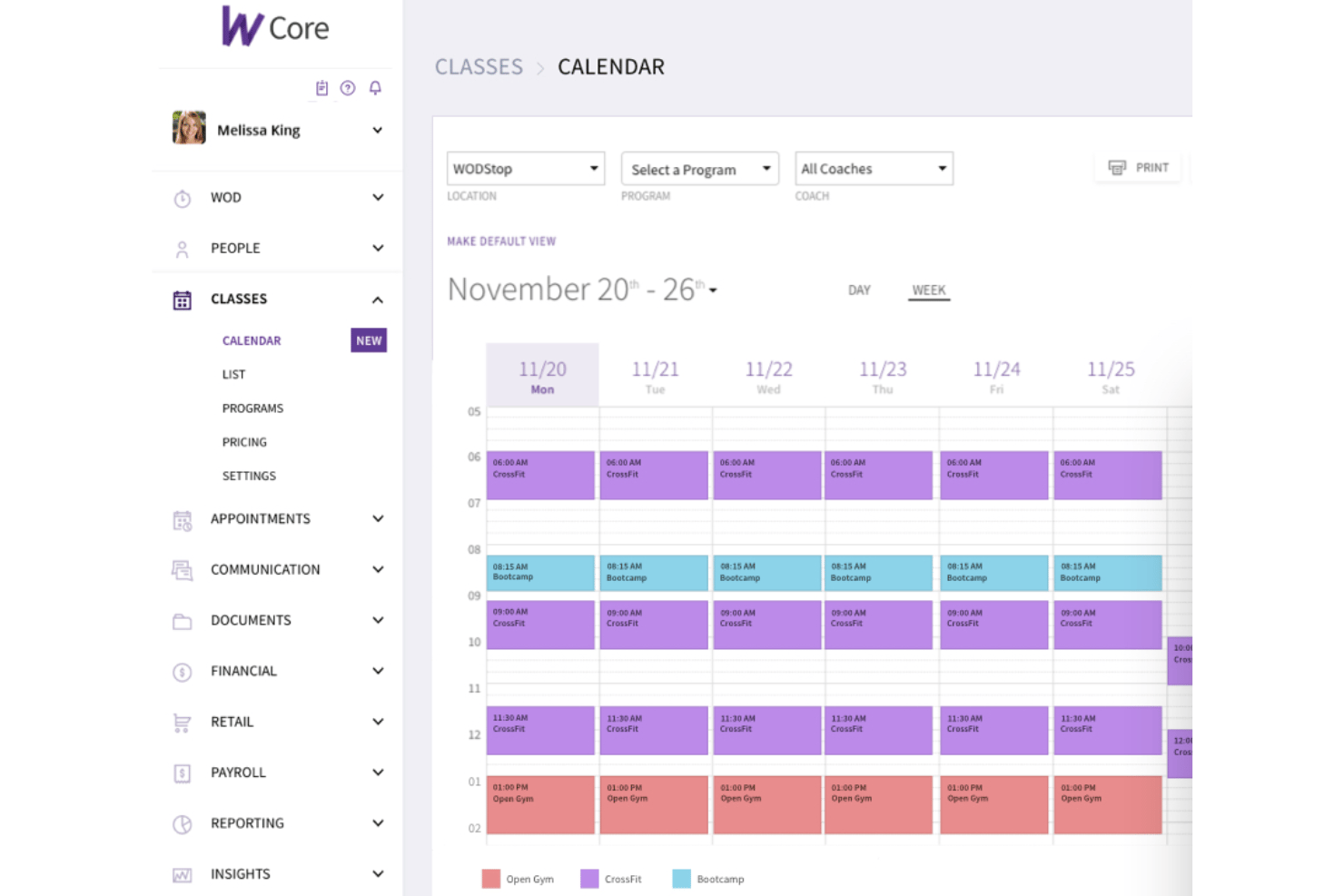 Calendario settimanale delle lezioni di Wodify Core con sessioni di CrossFit, allenamento intensivo e palestra aperta.