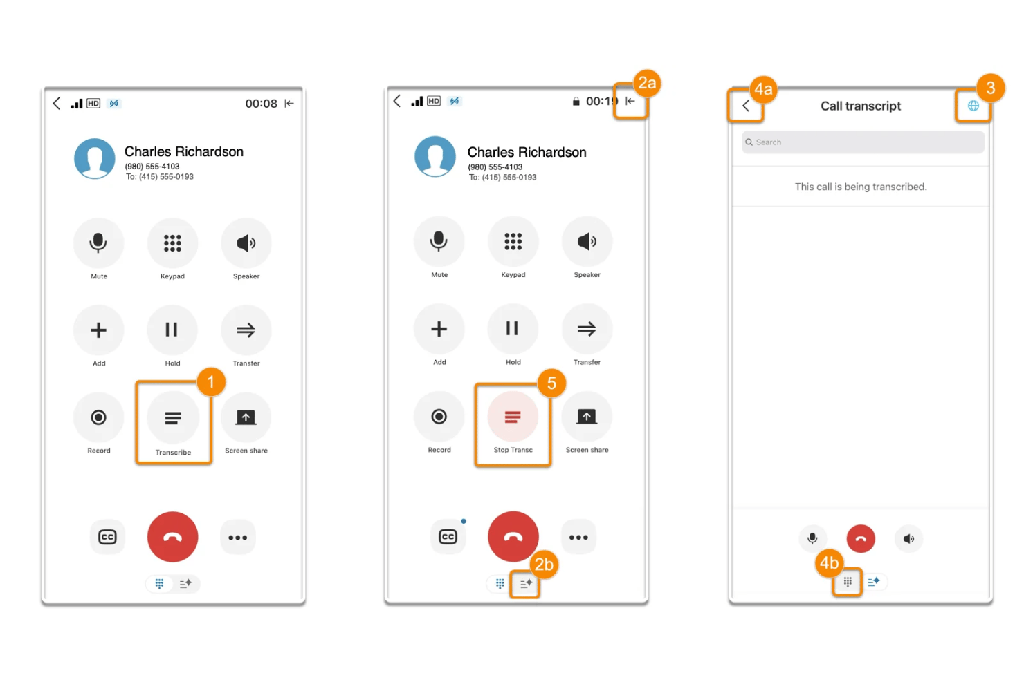 Three mobile screens showing RingCentral call transcription feature being activated and viewed.