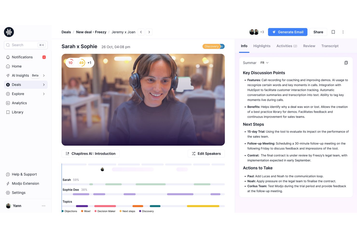 Modjo call recording interface showing AI-generated summary with key discussion points and next steps.
