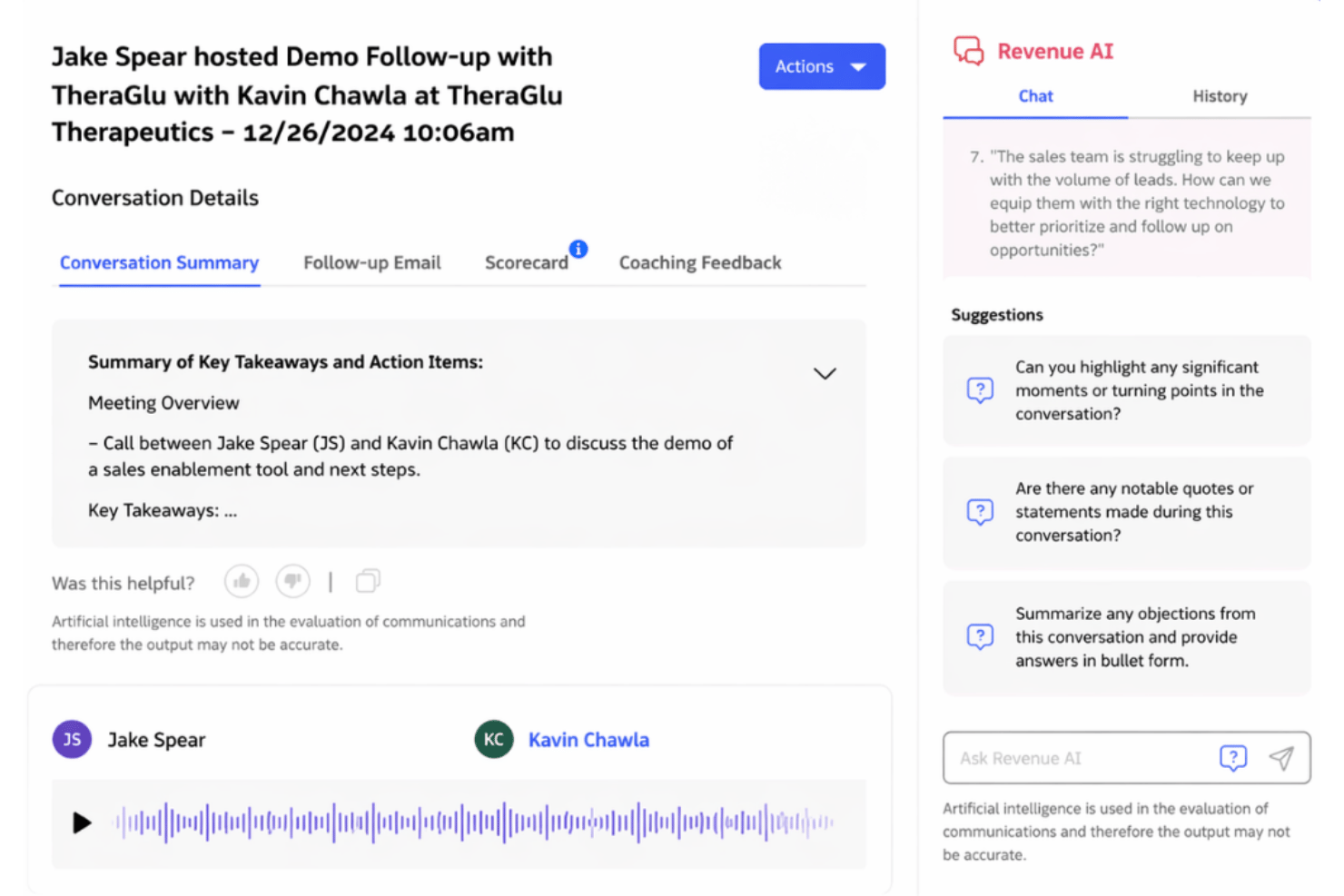 Revenue.io interface showing call summary, AI chat, and audio playback for a sales demo follow-up.