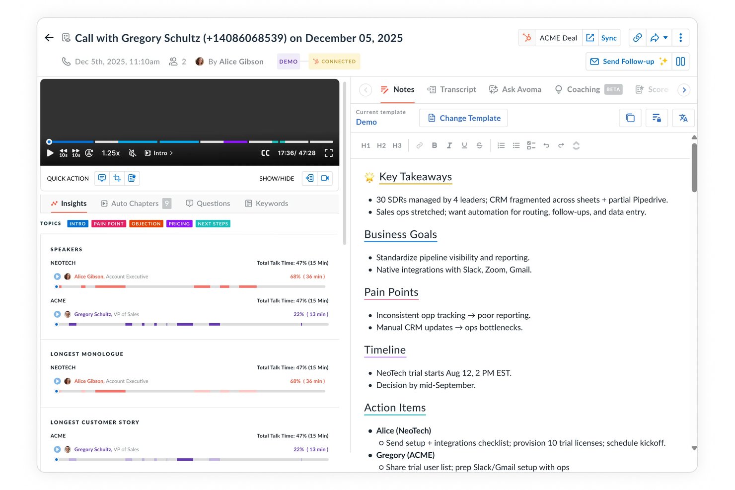 Avoma call recording interface showing AI-generated notes with insights panel.