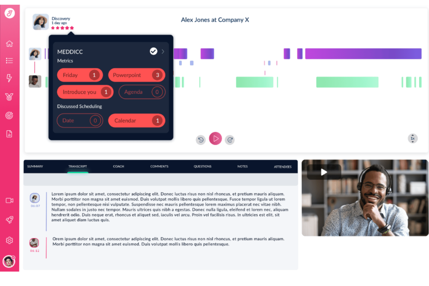 Sales call analytics dashboard showing MEDDICC framework, transcript, and video thumbnail.