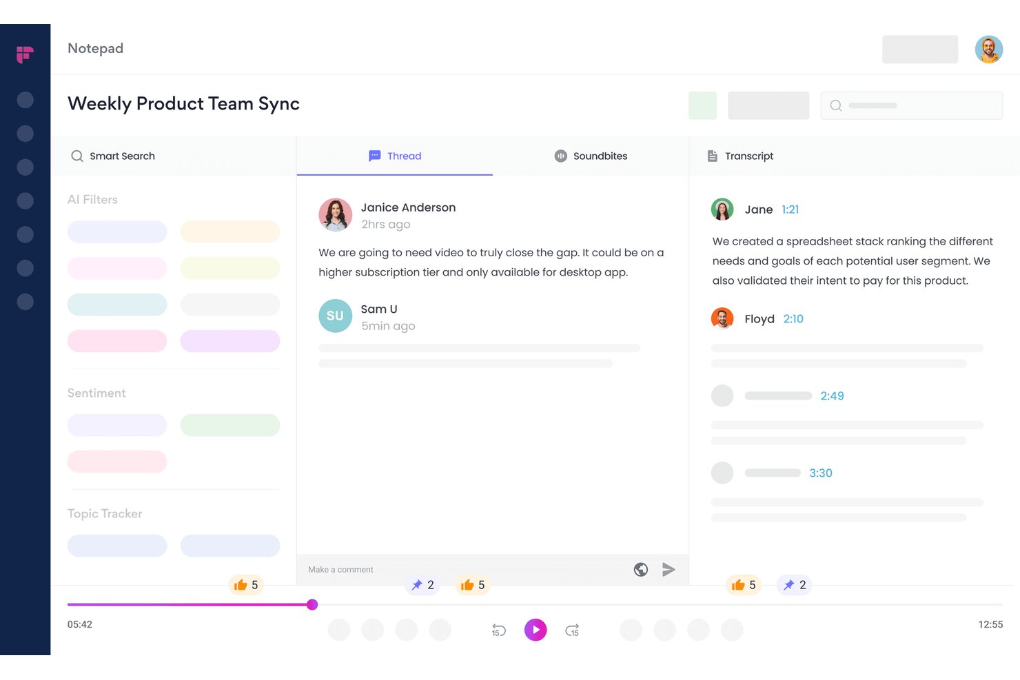 Fireflies.ai Notepad dashboard showing thread comments, transcript, and AI filters panel.