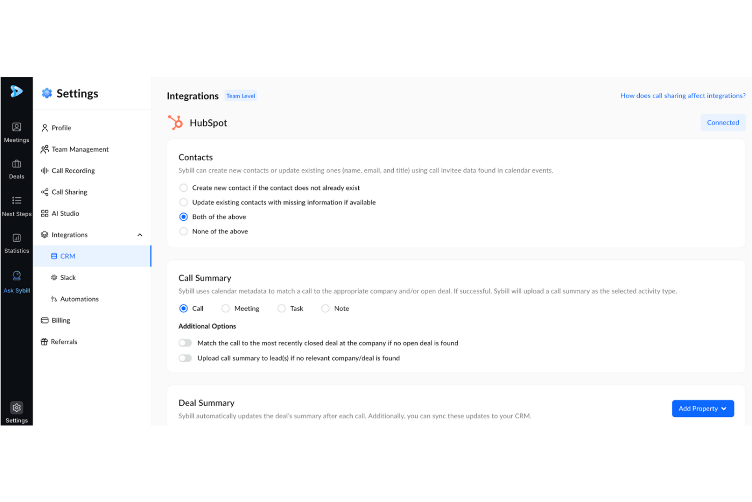 Sybill settings page showing HubSpot CRM integration options for contacts and call summaries.