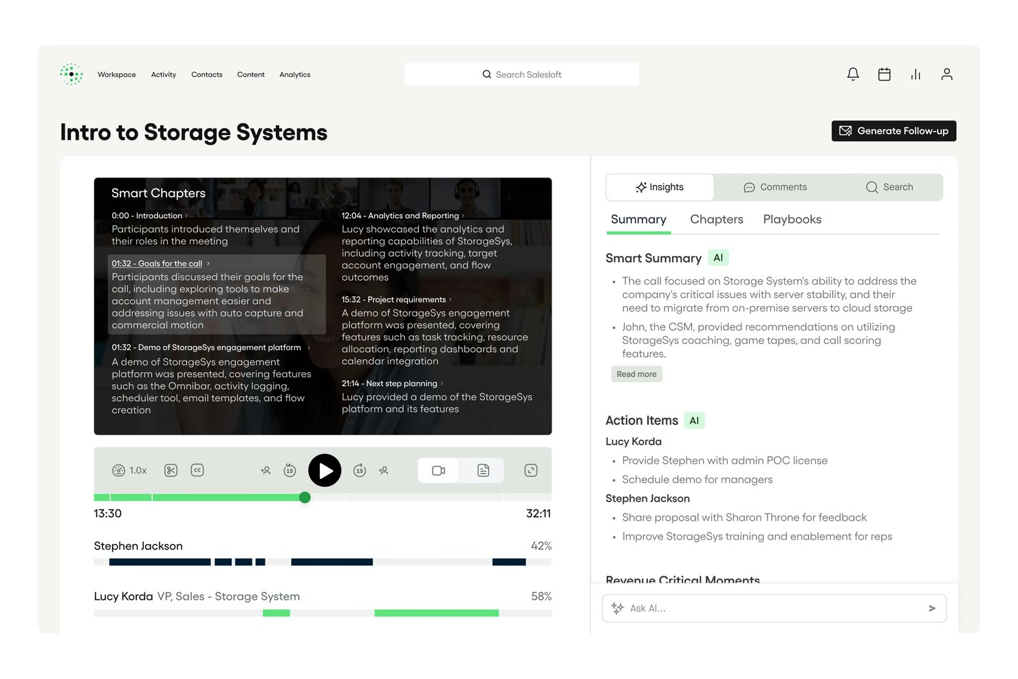Salesloft call recording interface showing Smart Chapters, AI summary, and action items panel.