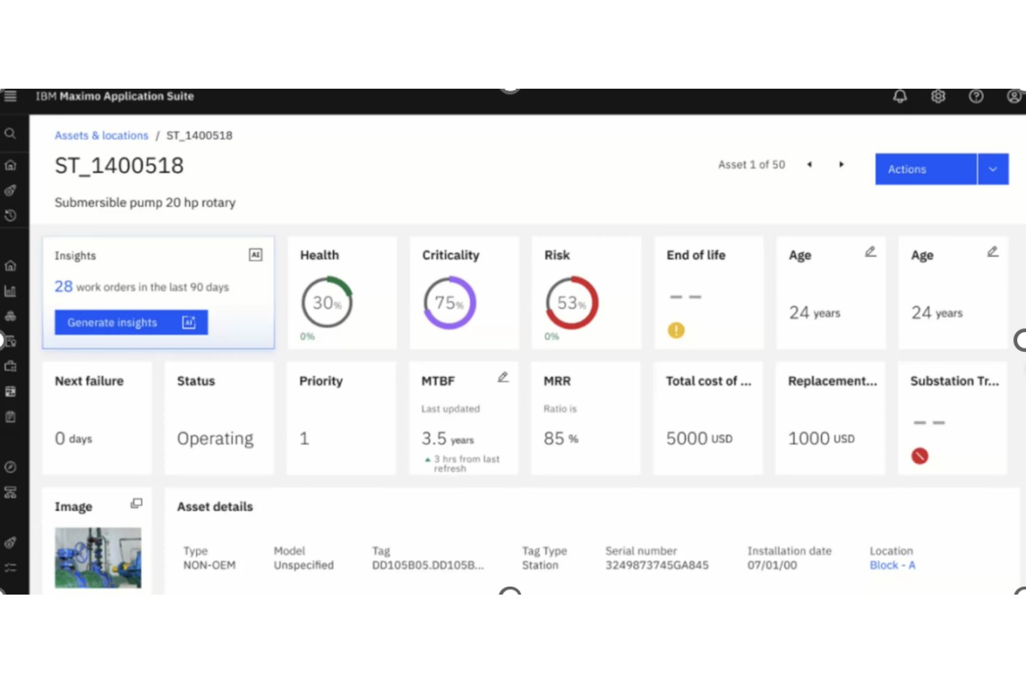 IBM Maximo dashboard showing asset health 30%, criticality 75%, risk 53%, and next failure 0 days.