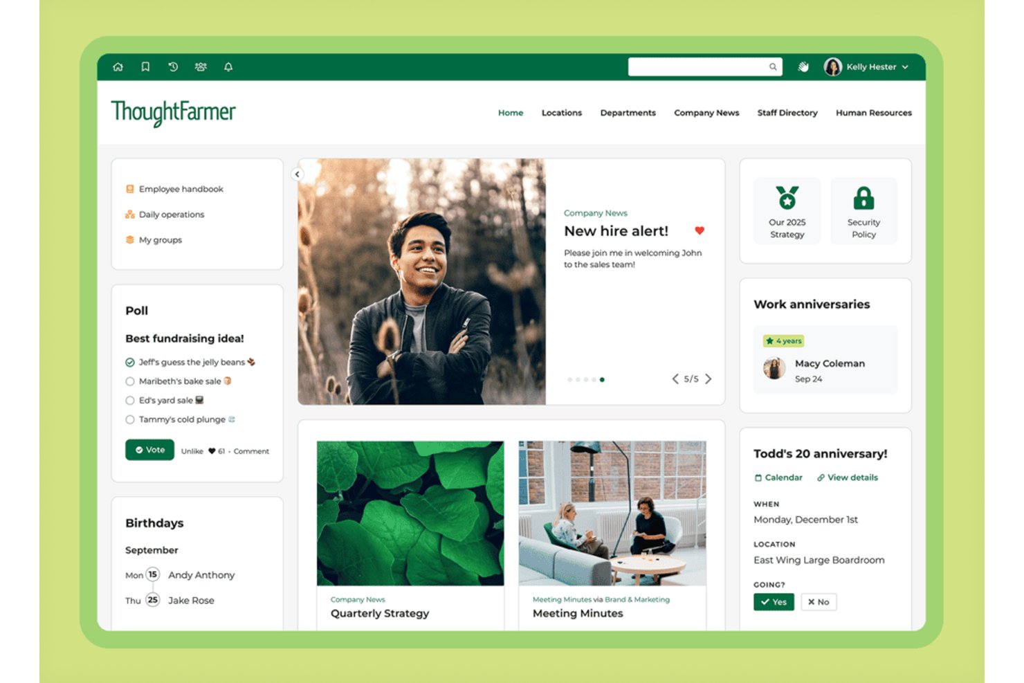 ThoughtFarmers intranetstartside med nyhedsfeed, afstemninger, fødselsdage og jubilæer på arbejdspladsen.